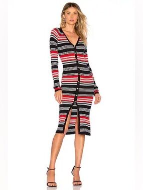 NICHOLAS Merino Rib Cardigan Dress | Black, Red & White Stripe $400